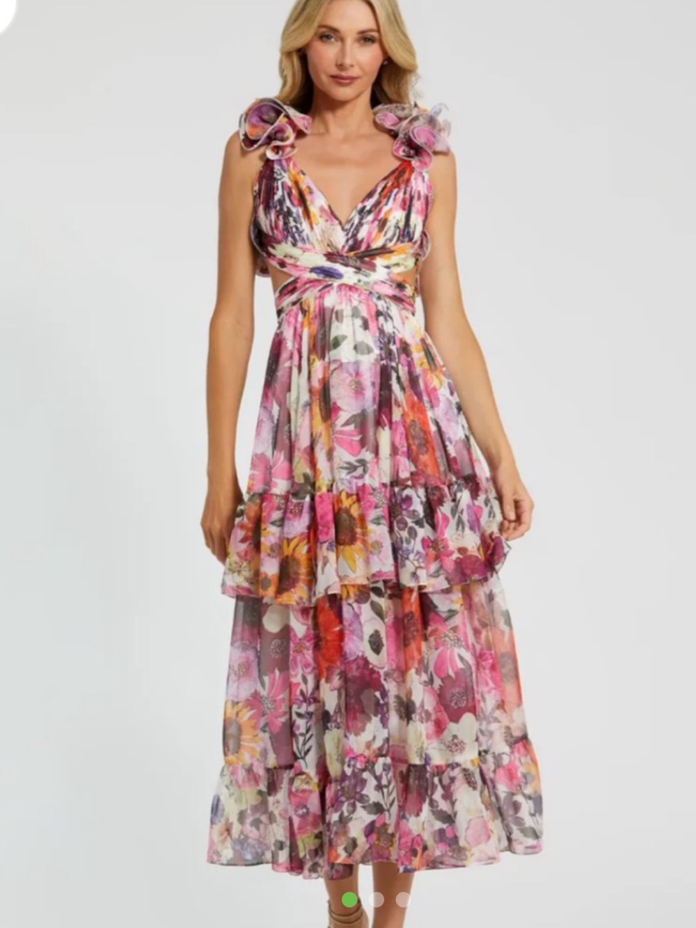 Mac Duggal Pink Floral Tiered chiffonMidi Dress
